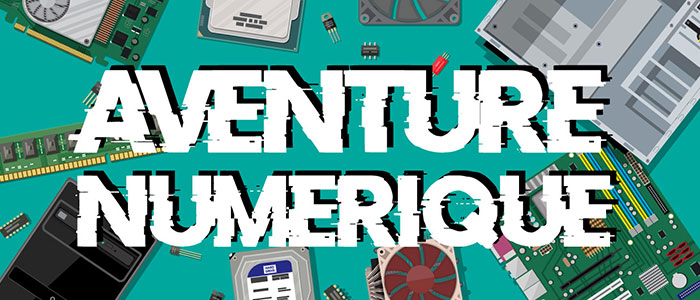 Image représentant des pièces d'ordinateur avec le titre Aventure Numérique